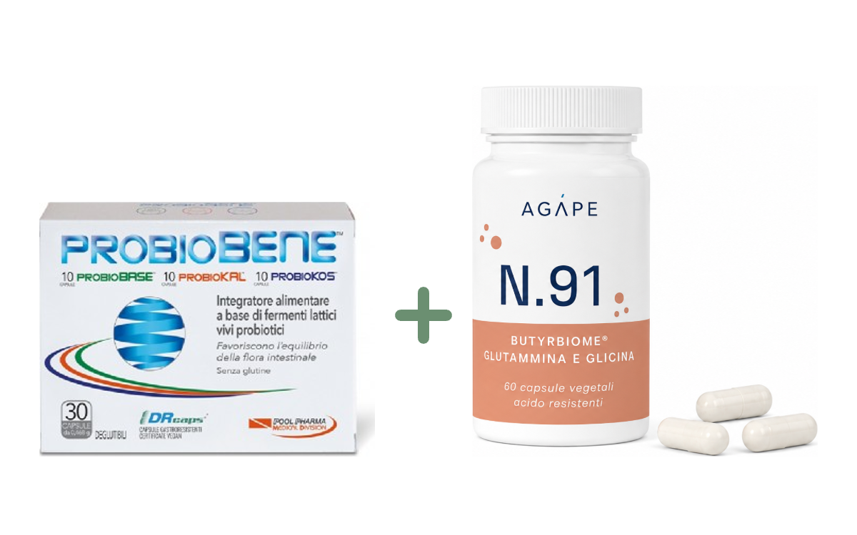 Pack ProbioBENE + Agápe N.91: confezione ProbioBENE 30 capsule e flacone Agápe N.91 60 capsule
